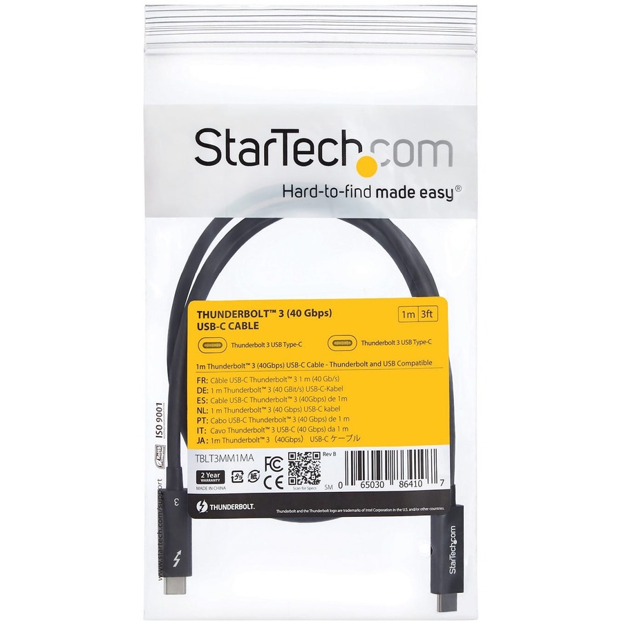 StarTech.com 3 ft 1m Thunderbolt 3 Cable w/ 100W PD - 40Gbps - Dual 4K or Full 5K - Certified Thunderbolt 3 USB-C Cable