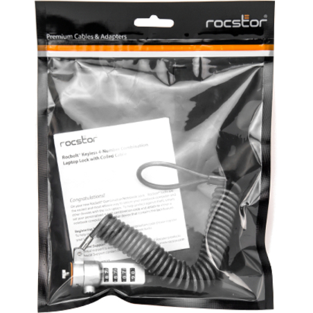 Rocstor Rocbolt Portable Security Cable With Combination Lock and Self-Coiling Steel Cable - Resettable - 4-digit - Galvanized Steel, Zinc Alloy - 6 ft - For Notebook, Docking Station, Desktop Computer, Monitor (Compatible to Kensington® K64670AM) PORTABLE LOCK SECURITY CABLE 4 DIGIT LOCK