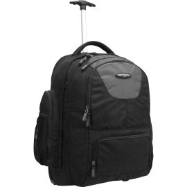 WHEELED BACKPACK WITH IN-LINE SKATE WHEELS AND A TELESCOPING MONOTUBE HANDLE FOR
