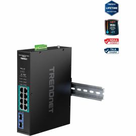TRENDnet 10-Port Industrial Gigabit PoE+ Switch, WideTemperature Range -20 - 65C (-4 - 149F), DIN Rail Switch, 50-55V DC, 8 x Gigabit PoE+ Ports, 2 x Gigabit SFP Slots, TI-PGM102, Black