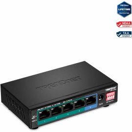 TRENDnet 5-Port Gigabit Long Range PoE+ Switch, 4 x Gigabit PoE+ Ports, 1 x Gigabit Port, 32W PoE Budget, 10Gbps Switching Capacity, Extends PoE+ 200m (656 ft), Lifetime Protection, Black, TPE-LG50