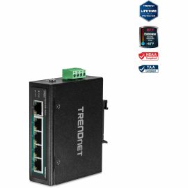 TRENDnet 5-Port Hardened Industrial Unmanaged Gigabit Switch; TI-PG50; 10/100/1000Mbps; DIN-Rail Switch; 4 x Gigabit PoE+ Ports; 1 x Gigabit Port; Gigabit Ethernet Network Switch; Lifetime Protection